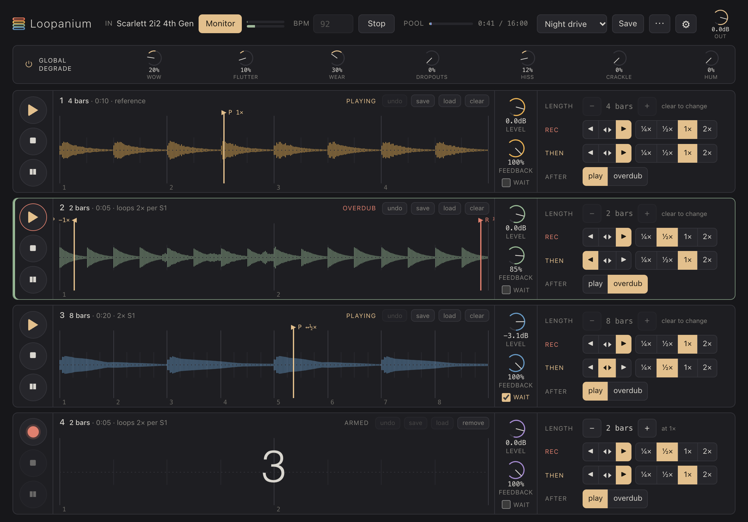 Loopanium: four stereo tape-style loop strips with independent record and play heads.