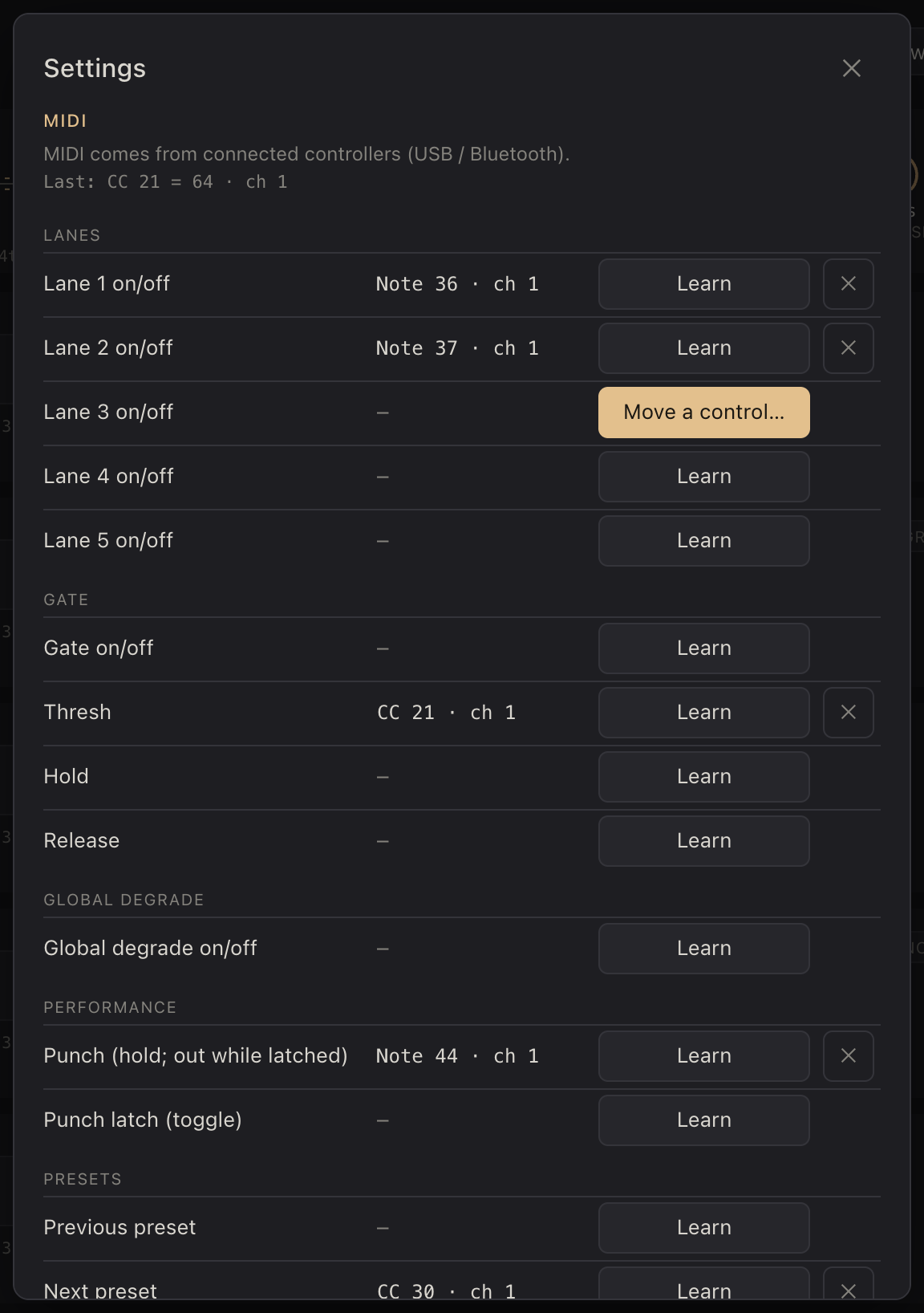 Settings → MIDI, learning a control.