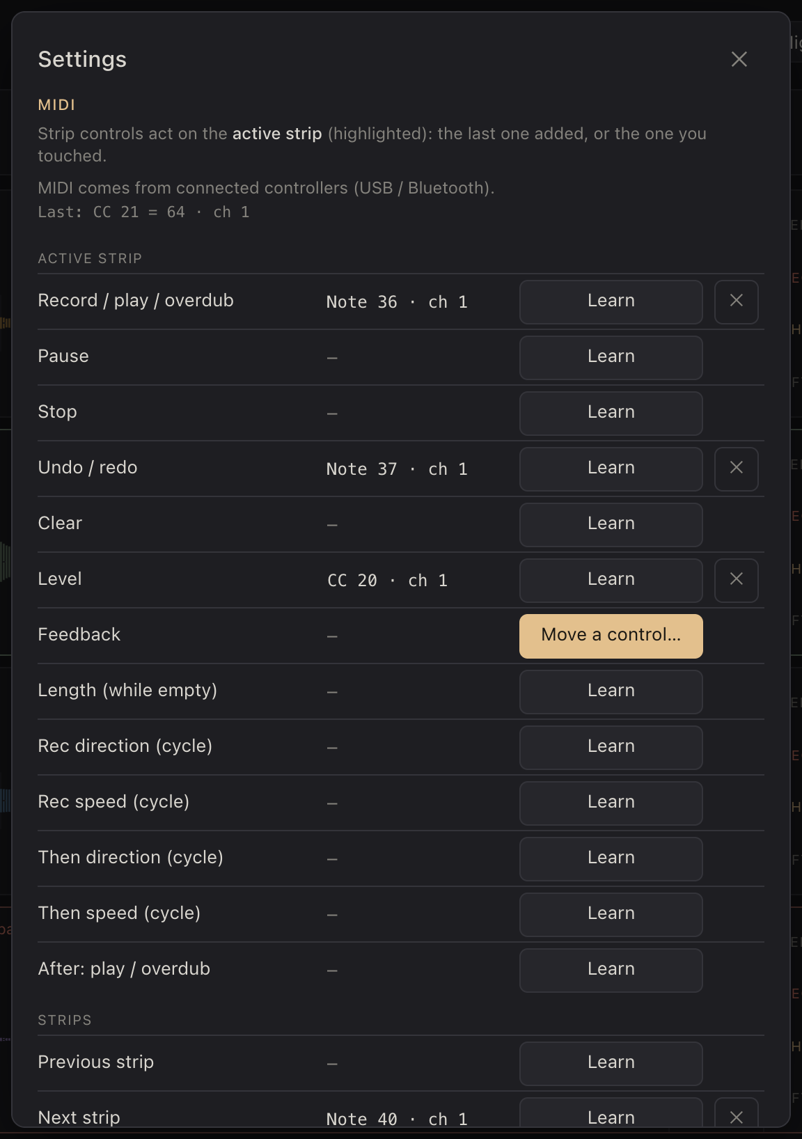 Settings → MIDI, learning a control.